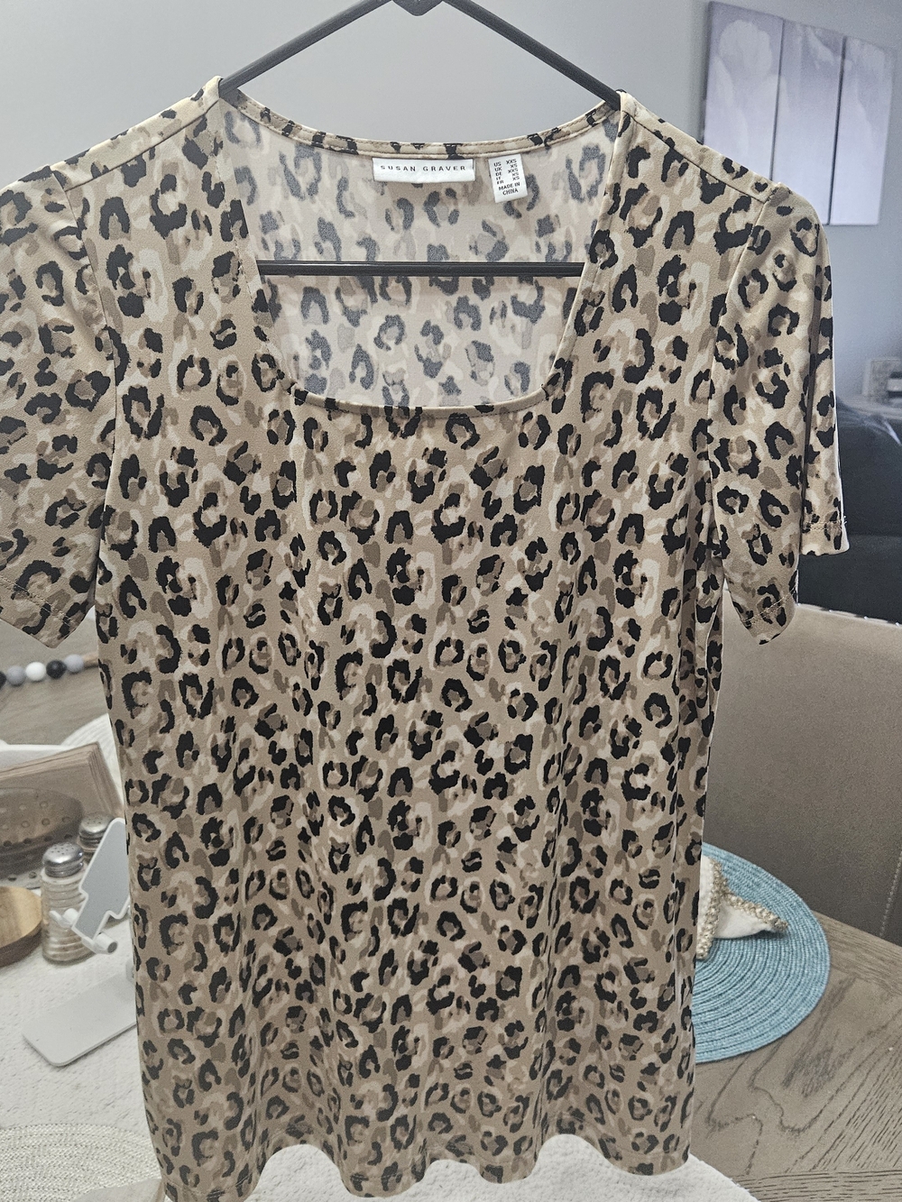 Susan Graver Beige and Black Leopard Print Short Sleeve Top